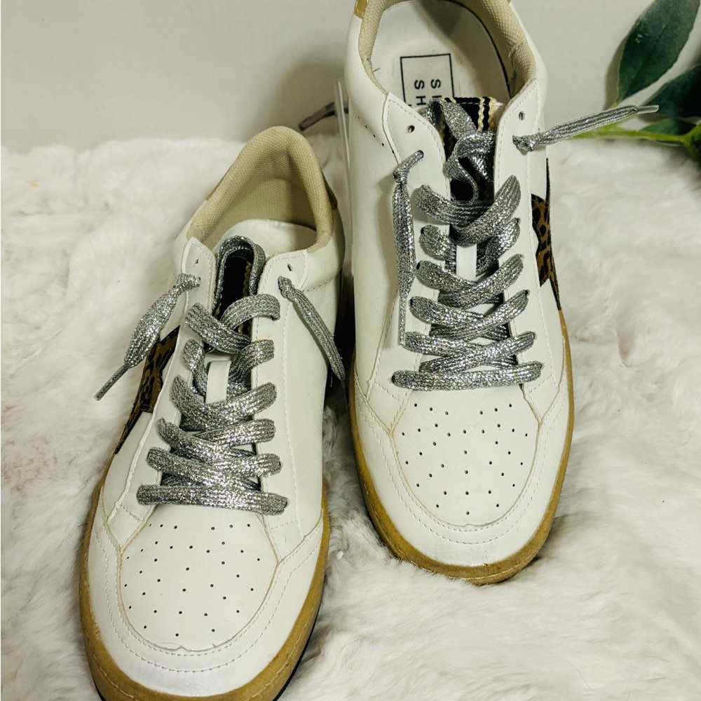 White Sneakers with Silver Laces and Leopard Accent - Women's Sneakers